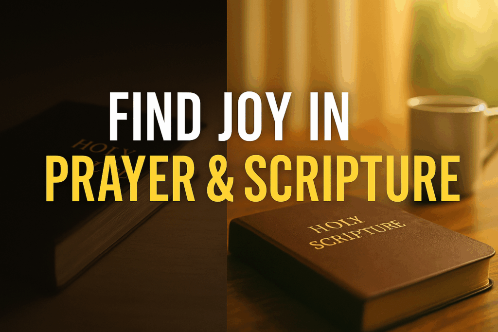 Split-screen image with the text “Find Joy in Prayer & Scripture” in bold white and gold letters across the center. The left side shows a closed leather-bound Bible in dim light, and the right side shows a closed brown Bible labeled “Holy Scripture” on a wooden table beside a white coffee mug, illuminated by warm sunlight.