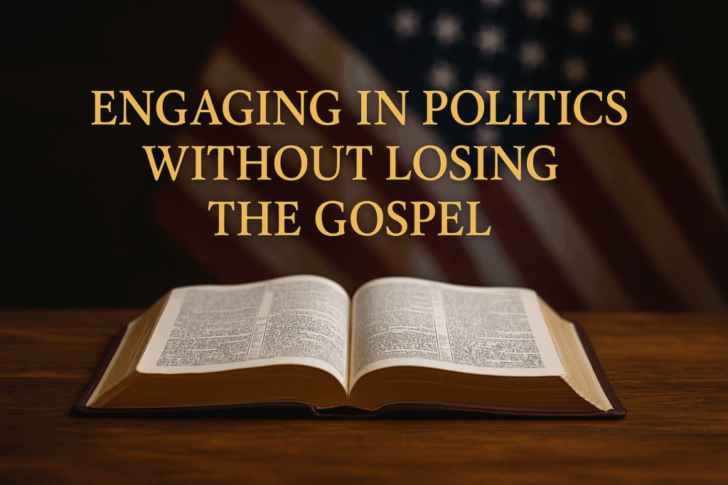 Open Bible on a wooden table with a blurred American flag in the background and the title text “Engaging in Politics Without Losing the Gospel” in gold serif font above it.