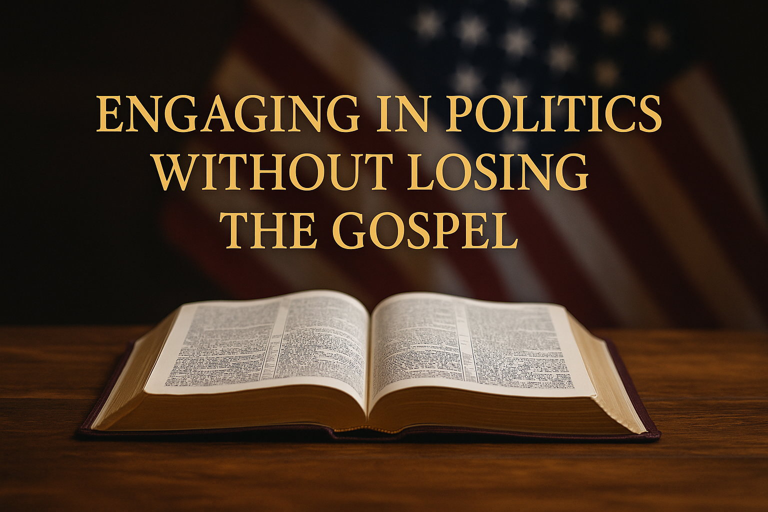 Open Bible on a wooden table with a blurred American flag in the background and the title text “Engaging in Politics Without Losing the Gospel” in gold serif font above it.