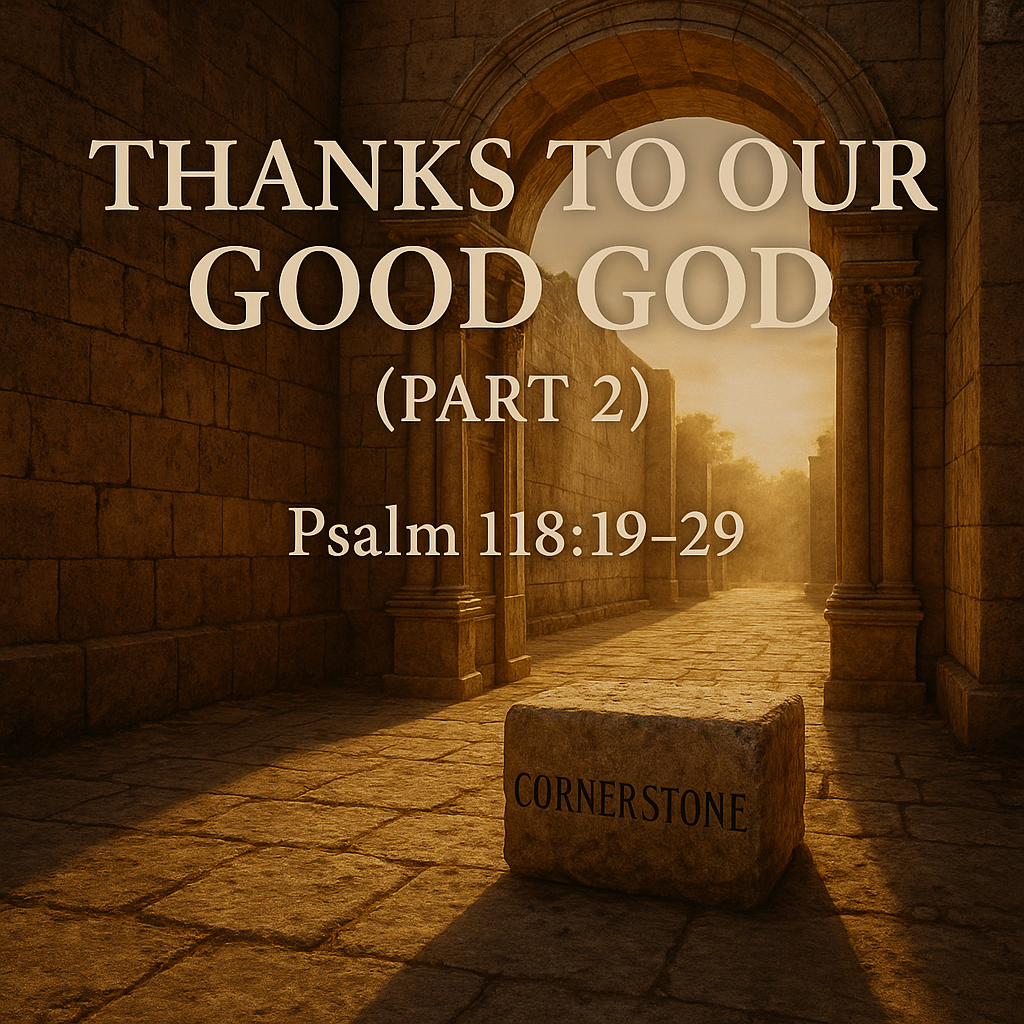Sunlit ancient stone archway with golden light streaming through, leading to a path of worship. In the foreground, a large stone marked “Cornerstone” sits on the ground. Overlay text reads: “Thanks to Our Good God (Part 2) – Psalm 118:19–29” in large serif font.