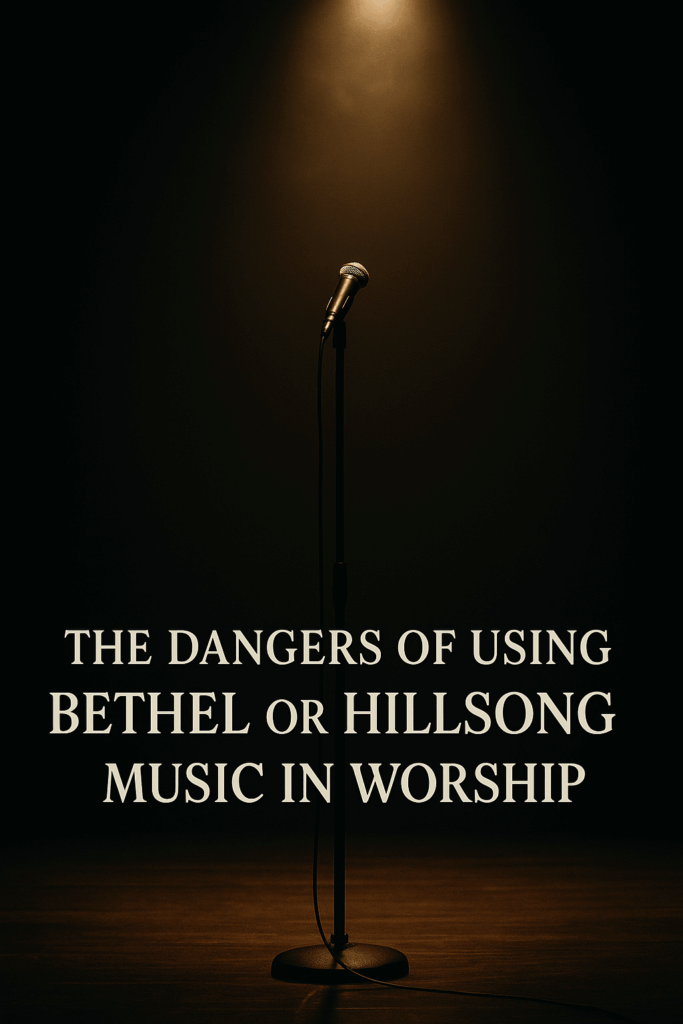 Dimly lit church stage with a single microphone on a stand under a warm spotlight, with the title text “The Dangers of Using Bethel or Hillsong Music in Worship” displayed at the bottom.
