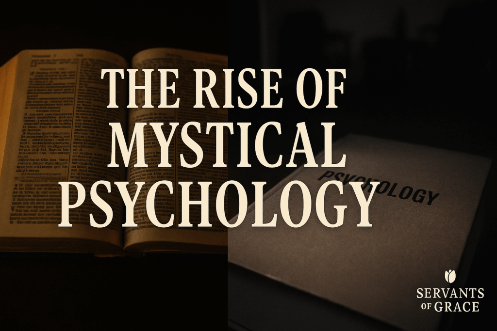 Open Bible and psychology book split with counseling office shadow, bold serif text reading ‘The Rise of Mystical Psychology’ – Servants of Grace logo in corner
