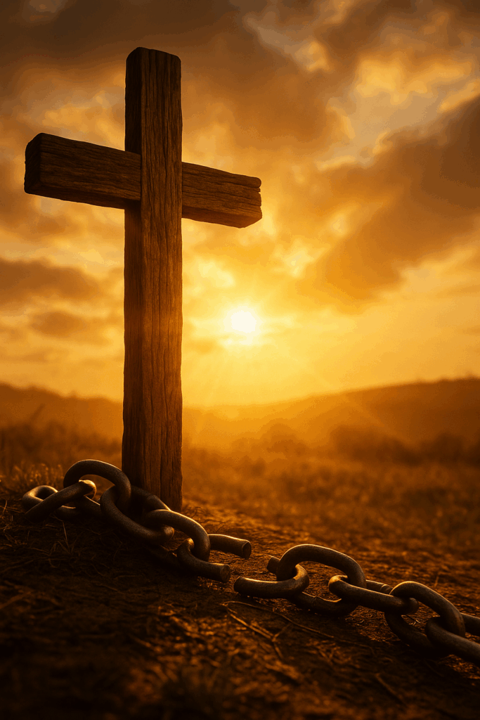 Cross and broken chains at sunrise representing freedom in Christ from generational curses and victory over demon possession.