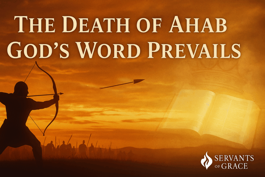 Dramatic sunset battlefield scene with a silhouetted archer releasing an arrow toward the right, faint open Bible glowing on the opposite side, and text reading: The Death of Ahab – God’s Word Prevails, with the Servants of Grace logo in the bottom-right corner.