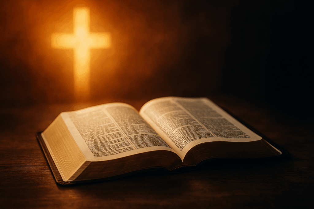 An open Bible on a wooden table illuminated by a warm cross-shaped light in the background, symbolizing God’s Word as the guide through trials and temptations.