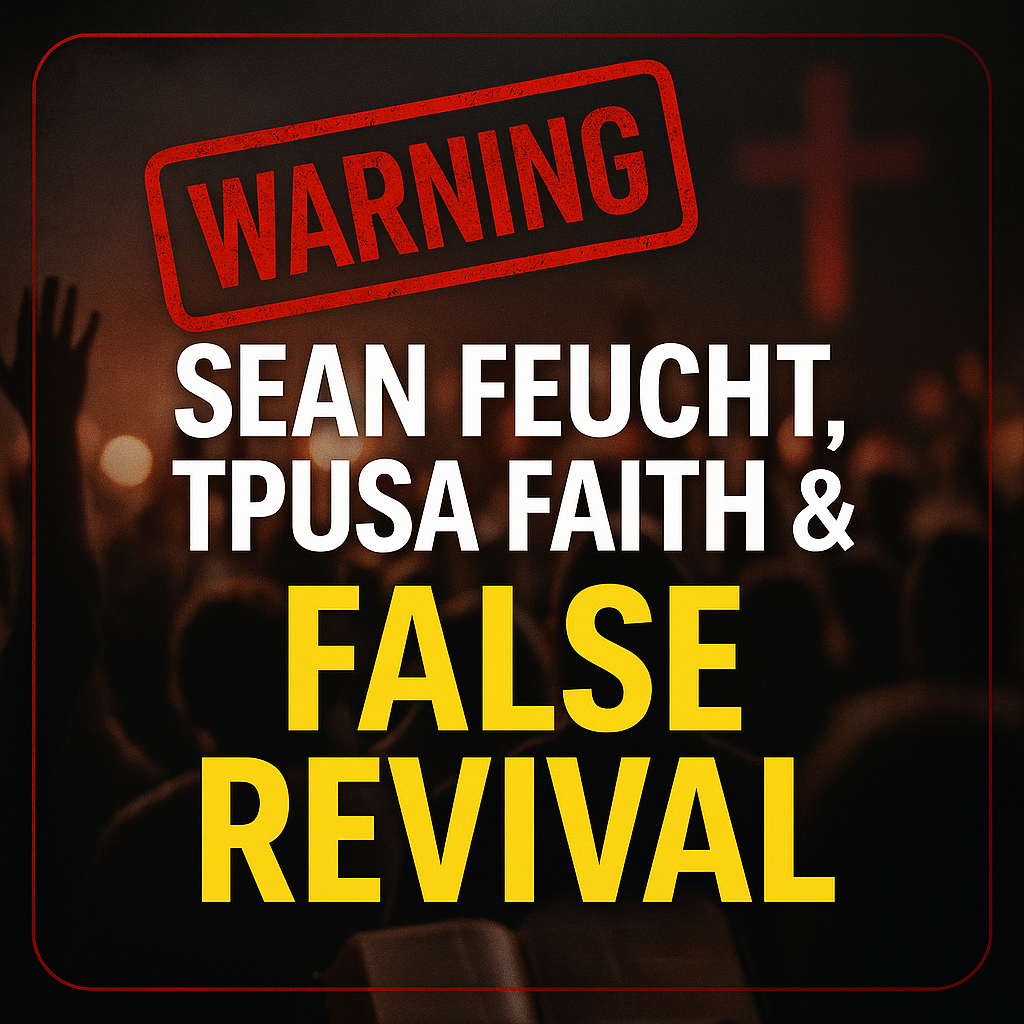 Graphic with a blurred worship crowd in the background and a faint red cross. A bold red stamp reads ‘WARNING,’ with large text below: ‘Sean Feucht, TPUSA Faith & False Revival.’
