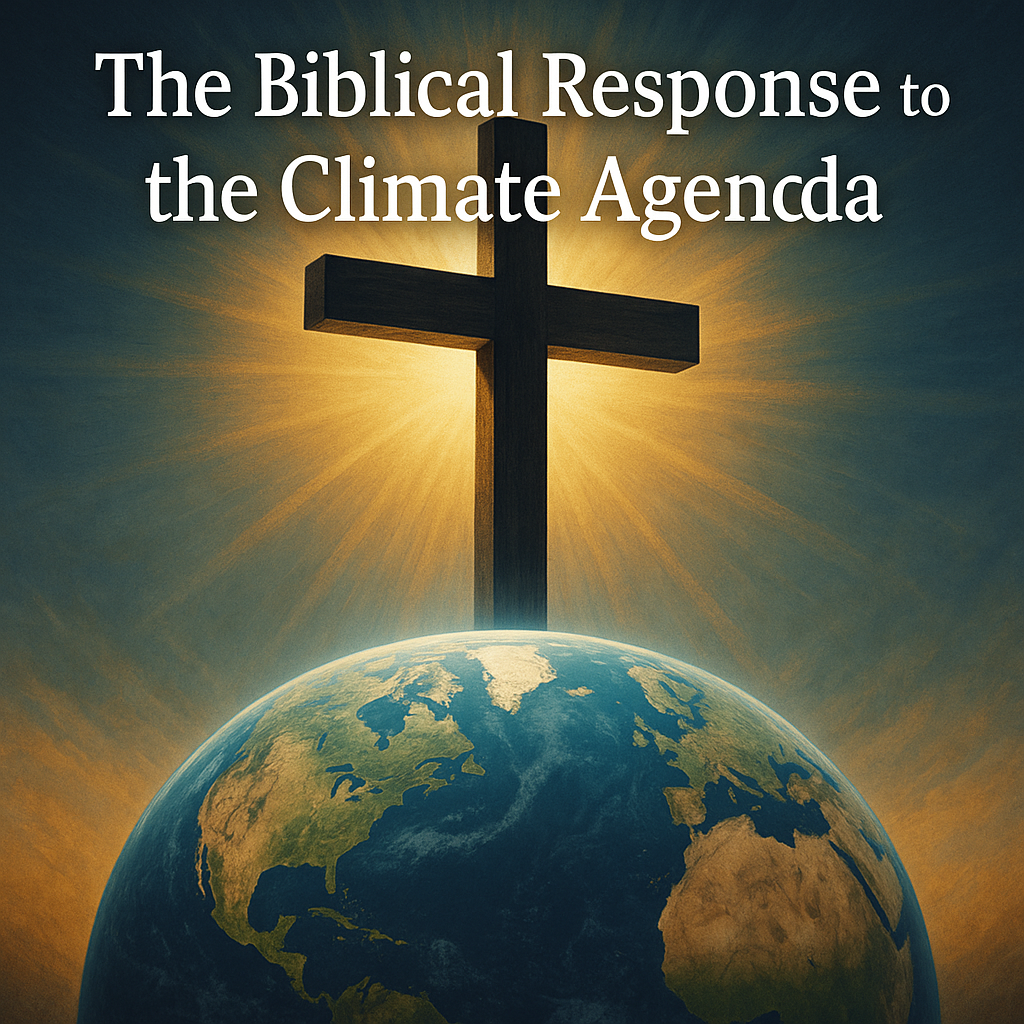 A wooden cross rises above the earth with golden light radiating behind it. Bold white text at the top reads, “The Biblical Response to the Climate Agenda.
