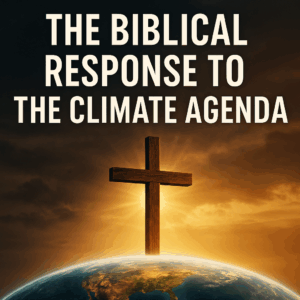 A wooden cross rises above the earth with golden light radiating behind it. Bold white text at the top reads, “The Biblical Response to the Climate Agenda.