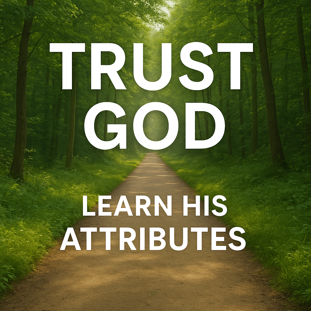 A sunlit forest path stretches straight ahead between tall green trees, symbolizing Proverbs 3:6, with bold white text reading “TRUST GOD” and smaller text “LEARN HIS ATTRIBUTES.
