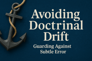 A bold serif title reads ‘Avoiding Doctrinal Drift: Guarding Against Subtle Error’ in off-white letters on a textured deep blue background. To the left, a large weathered iron anchor wrapped with thick rope symbolizes stability and grounding in biblical truth.