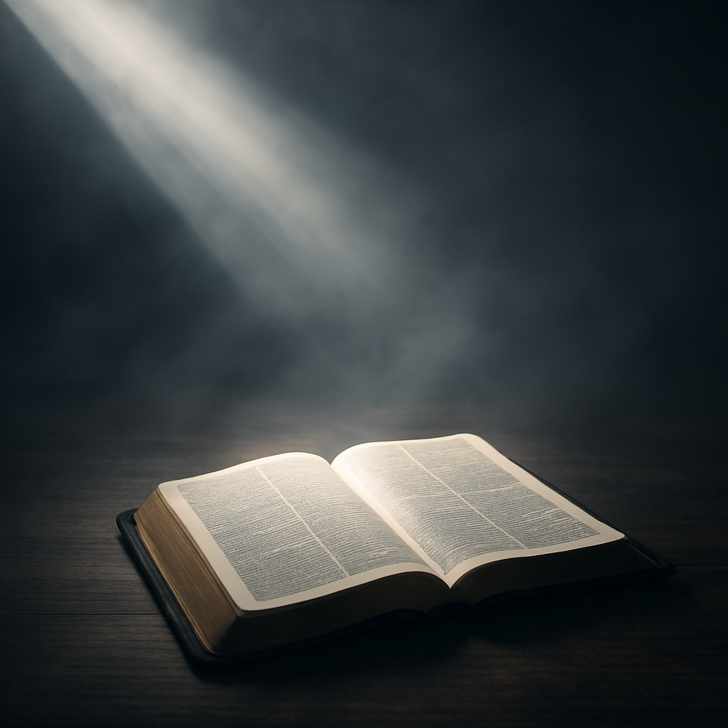 An open Bible resting on a wooden table with a beam of light breaking through surrounding fog, symbolizing biblical clarity in the midst of spiritual confusion.