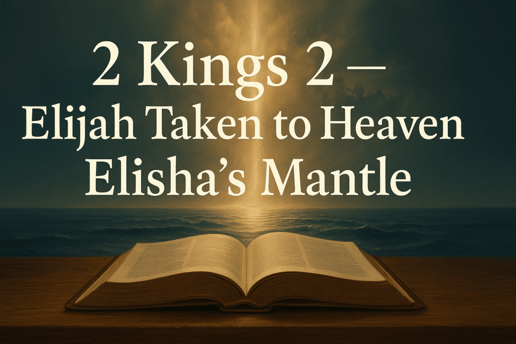 Open Bible on a wooden table with parted waters in the background, a glowing whirlwind with fiery chariot imagery above, and bold text reading ‘2 Kings 2 — Elijah Taken to Heaven • Elisha’s Mantle