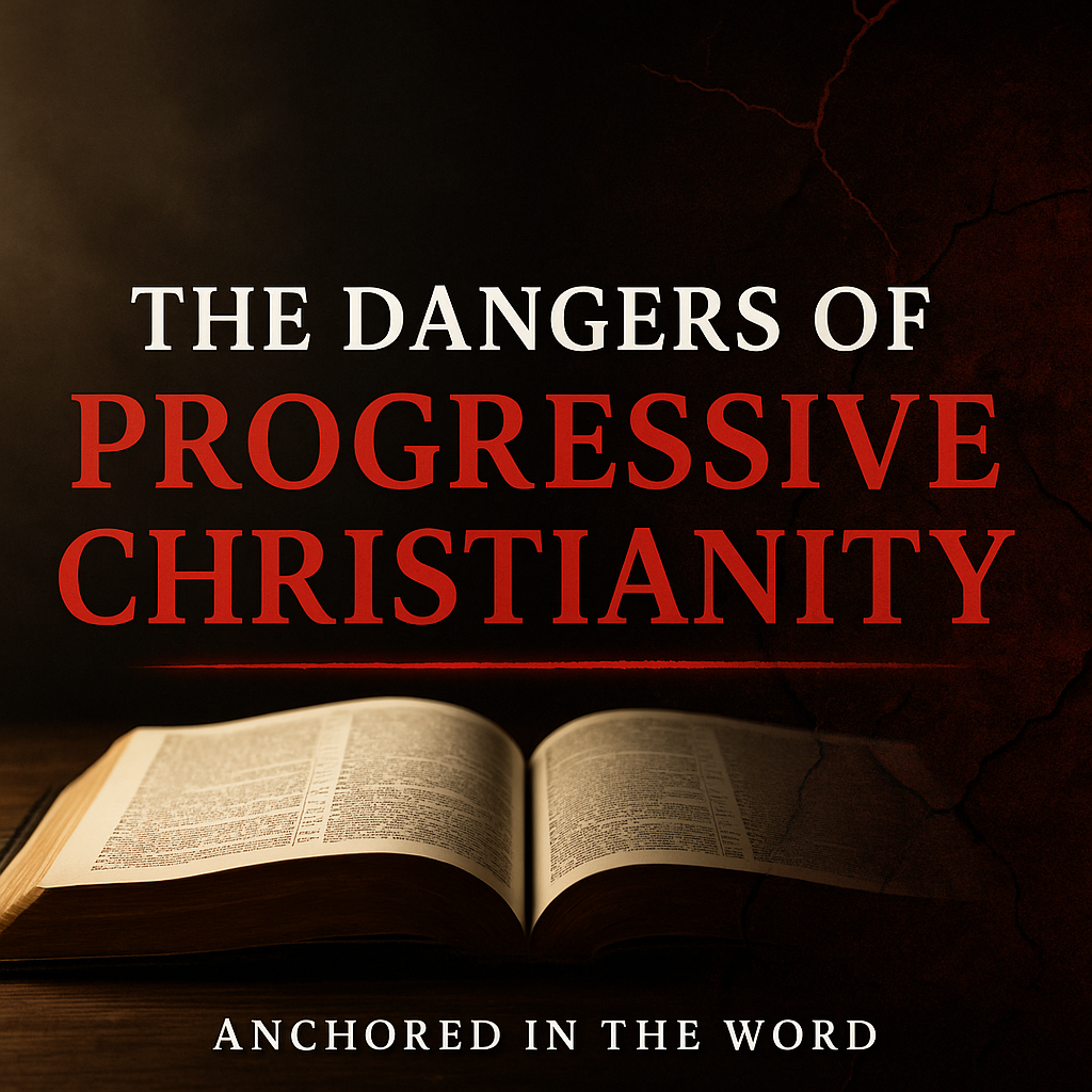 An open Bible rests on a wooden surface, illuminated on the left side by warm light while the right side fades into shadow with cracks. Bold white and red text across the center reads: ‘The Dangers of Progressive Christianity.’ At the bottom, a line of text says: ‘Anchored in the Word.