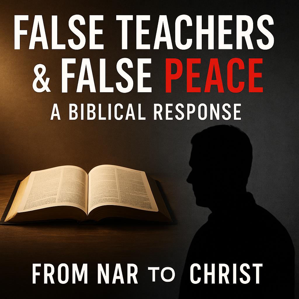 YouTube thumbnail for Dawn Hill’s From NAR to Christ podcast episode titled ‘False Teachers & False Peace.’ The design shows an open Bible glowing with light on the left, contrasted with the shadowed silhouette of a figure on the right. Bold text reads ‘False Teachers & False Peace – A Biblical Response’ with ‘From NAR to Christ’ at the bottom.