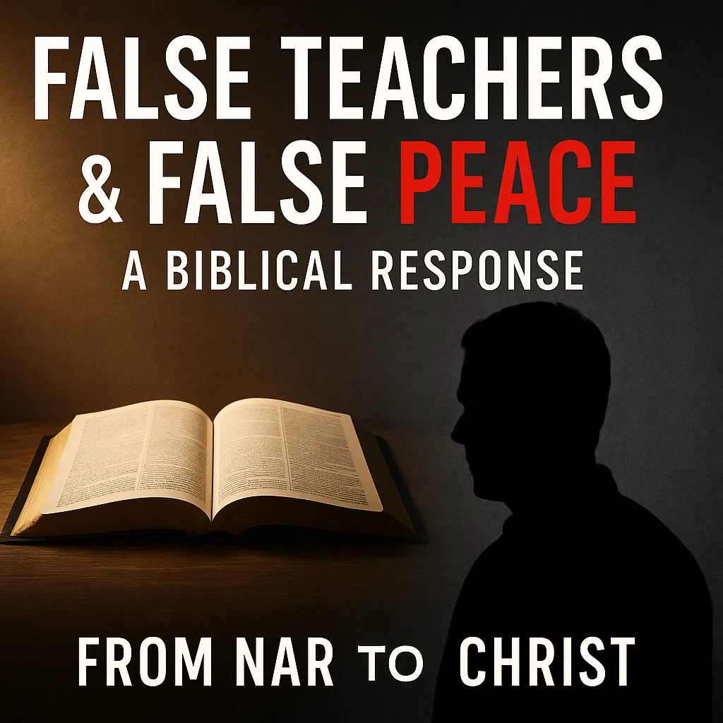 YouTube thumbnail for Dawn Hill’s From NAR to Christ podcast episode titled ‘False Teachers & False Peace.’ The design shows an open Bible glowing with light on the left, contrasted with the shadowed silhouette of a figure on the right. Bold text reads ‘False Teachers & False Peace – A Biblical Response’ with ‘From NAR to Christ’ at the bottom.