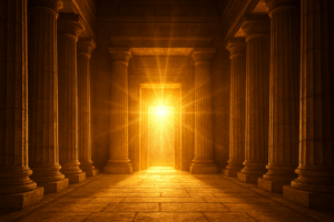 Golden light streaming through ancient temple pillars toward an open doorway, symbolizing the glory of the Lord filling the temple in 1 Kings 8.