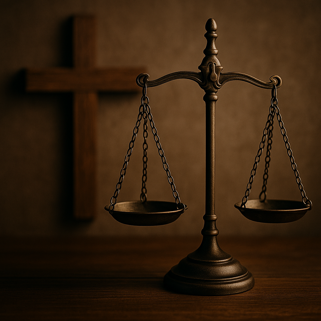 Bronze balance scale in focus with a wooden cross blurred in the background — symbolizing righteous judgment grounded in biblical truth and grace.