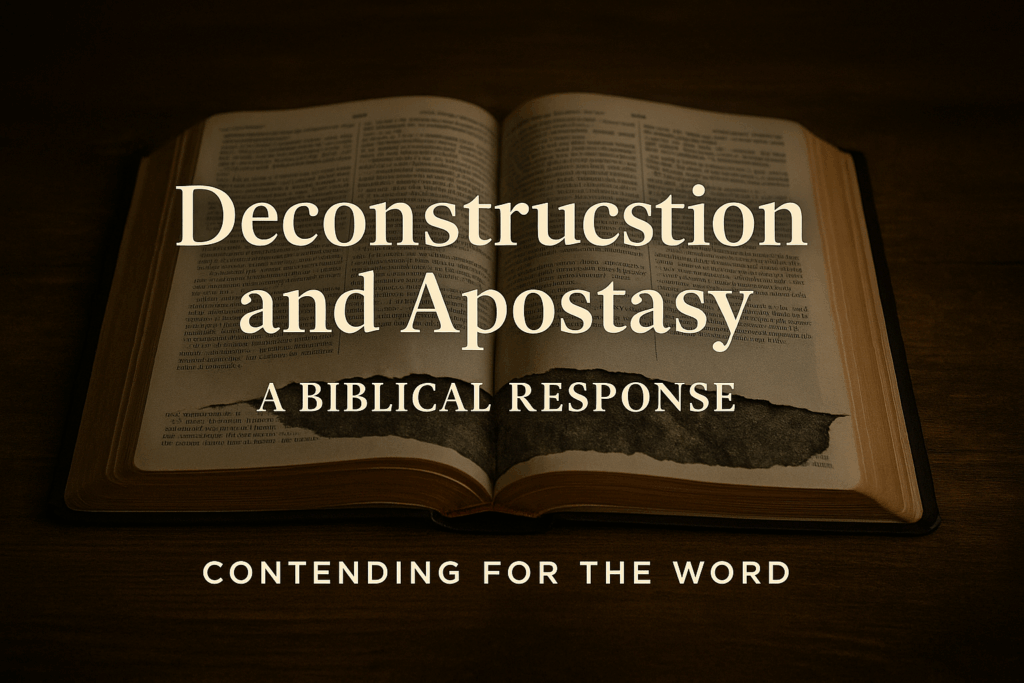 Open Bible on wood with a torn page revealing dark stone beneath; overlay text “Deconstruction and Apostasy—A Biblical Response.