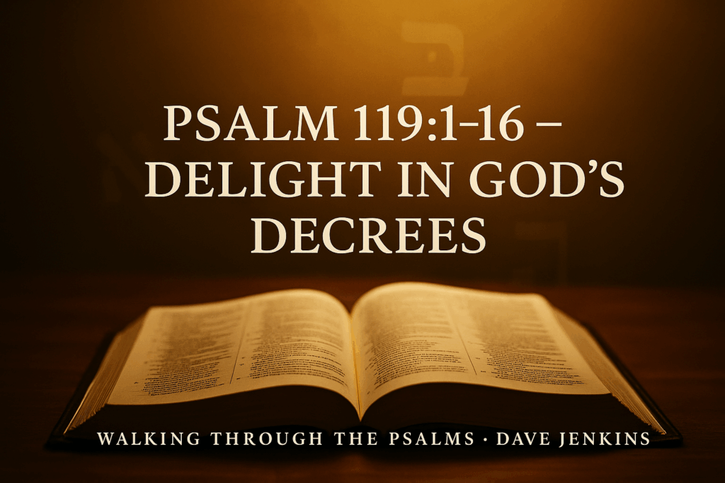 Open Bible glowing with warm golden light, with subtle Hebrew Aleph and Beth letters in the background. Bold serif title text reads “Psalm 119:1–16 — Delight in God’s Decrees,” with subtext “Walking Through the Psalms • Dave Jenkins.
