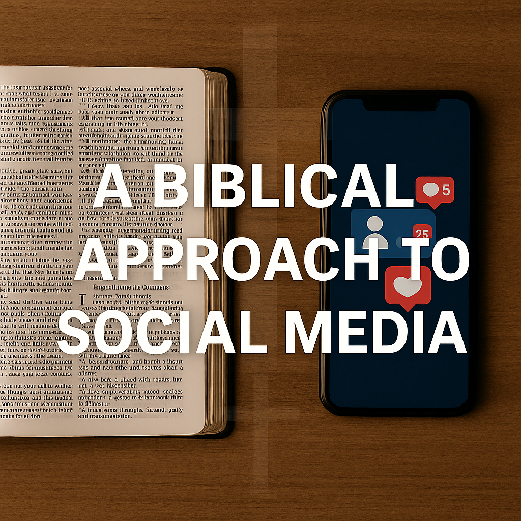 Flat lay of an open Bible beside a smartphone with social media notification icons on a wooden desk. Text overlay reads: ‘A Biblical Approach to Social Media.