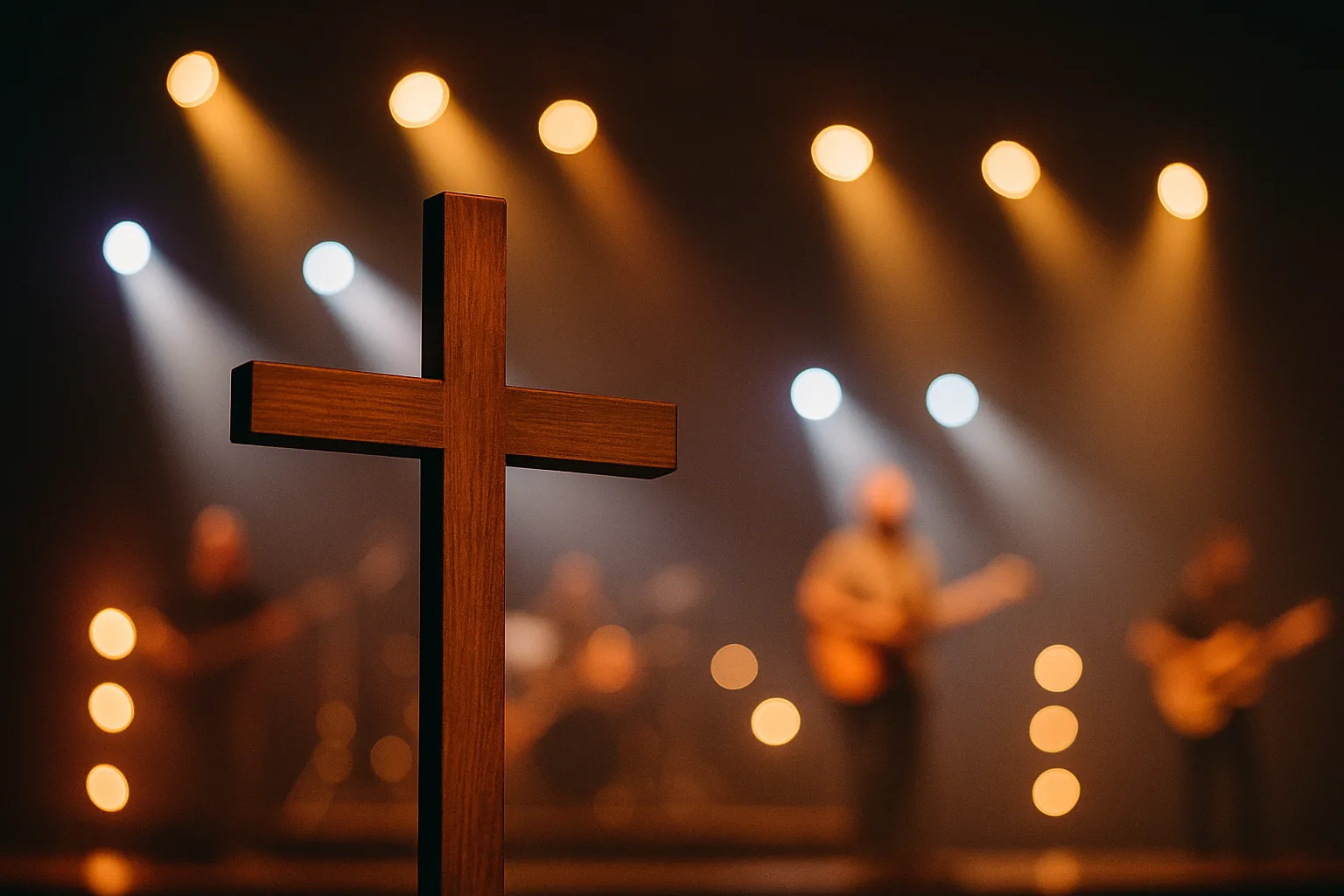 Wooden cross in focus with blurred stage lights and worship band in the background, symbolizing Christ-centered worship triumphing over performance-driven emotionalism
