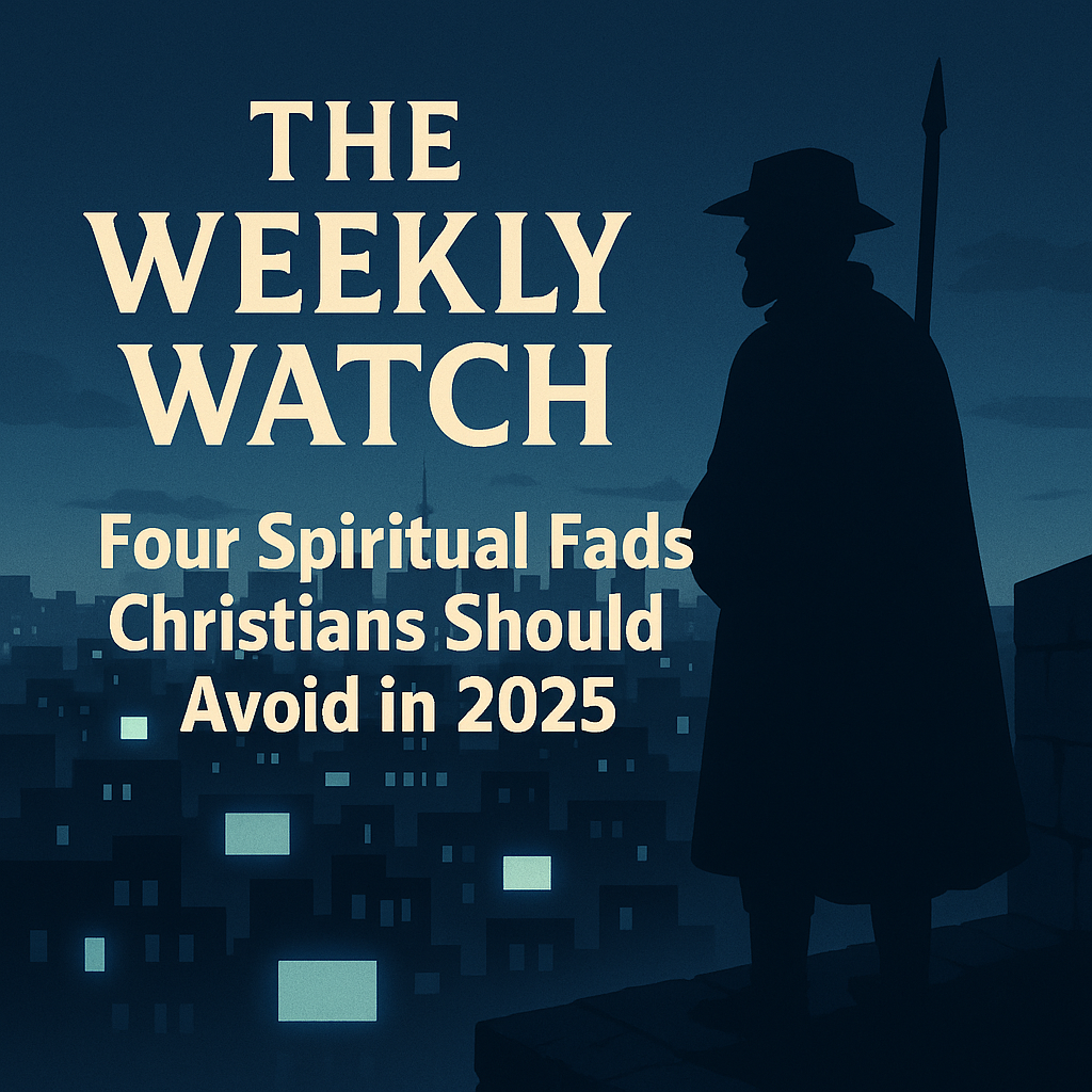 Silhouette of a watchman standing on a wall overlooking a city of glowing screens, with bold text reading ‘The Weekly Watch: Four Spiritual Fads Christians Should Avoid in 2025.