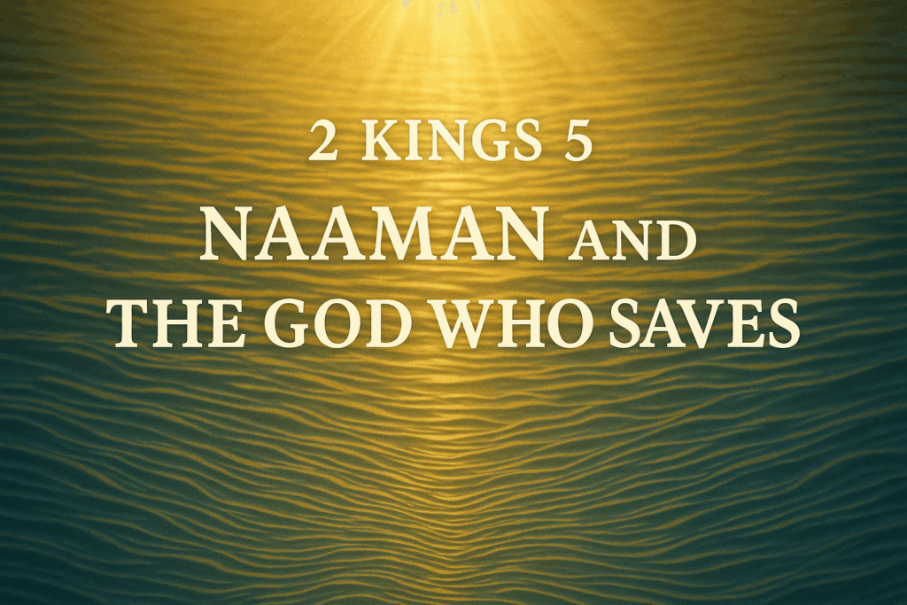 Rippled Jordan River water illuminated by radiant golden light, with the title text ‘2 Kings 5 — Naaman and the God Who Saves’ symbolizing cleansing and God’s grace.