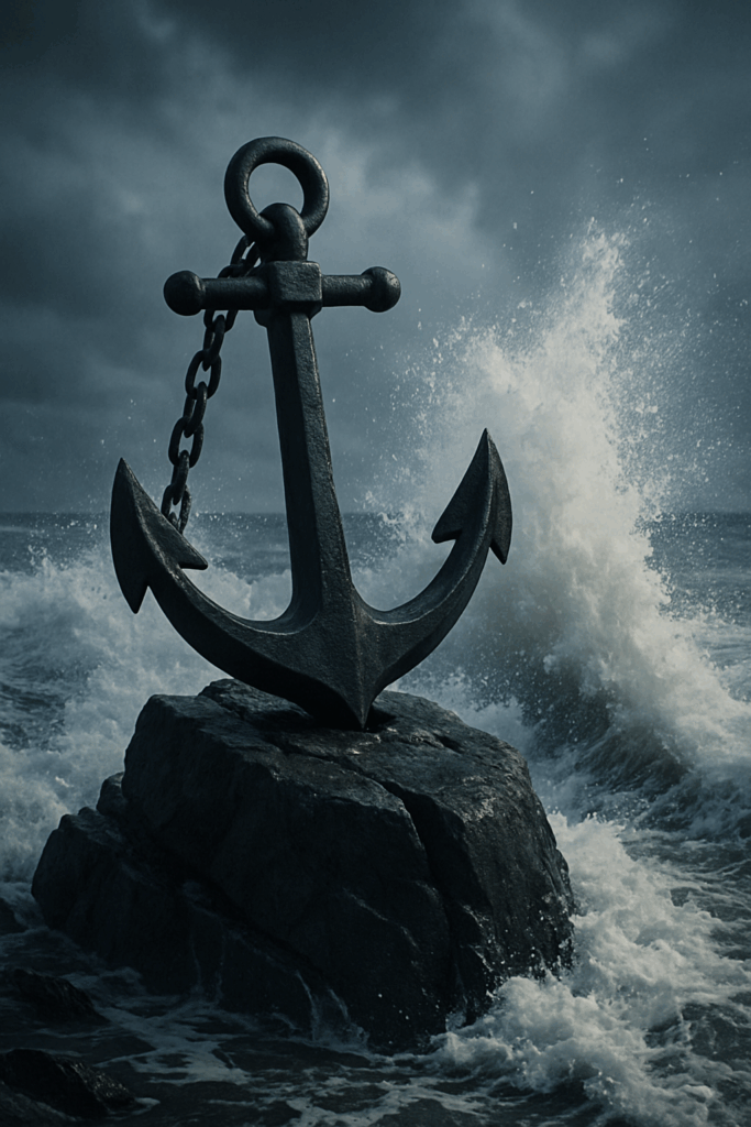 Large metal anchor secured on a rock as waves crash around it, symbolizing Christ’s keeping power and the believer’s security in Him.