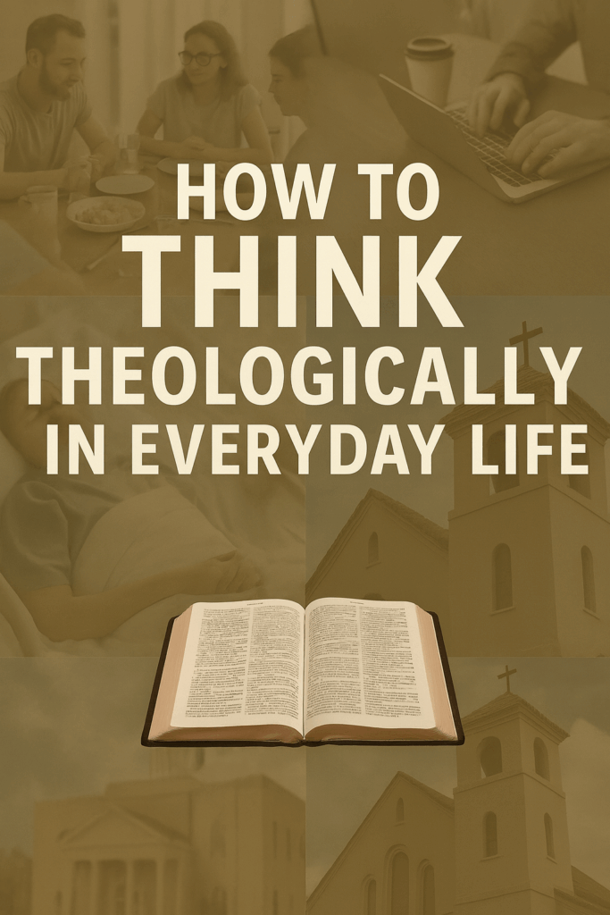 Open Bible on a wooden surface surrounded by faded images of daily life—a family eating dinner, a person working on a laptop, a hospital patient, and a church building—with bold text reading ‘How to Think Theologically in Everyday Life.