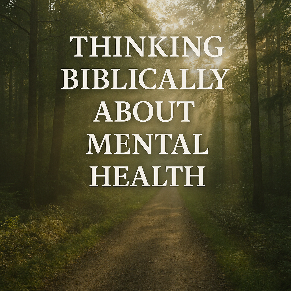 Forest path with sunlight streaming through the trees, overlaid with the title “Thinking Biblically About Mental Health,” symbolizing God’s light and hope in the midst of mental health struggles.