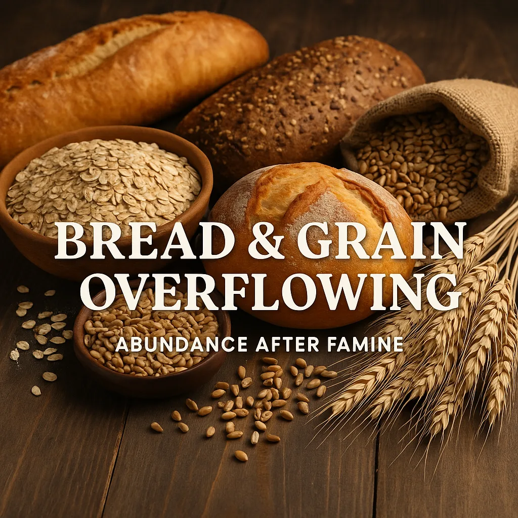 An arrangement of fresh loaves of bread, bowls of grain, and wheat stalks on a wooden table, overlaid with the episode title text ‘Bread & Grain Overflowing: Abundance After Famine.