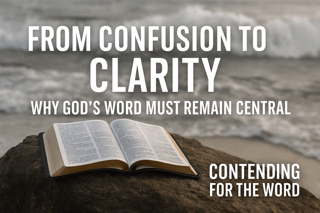 An open Bible rests on a solid rock by the sea, with waves crashing in the background. Overlaid text reads: ‘From Confusion to Clarity – Why God’s Word Must Remain Central – Contending for the Word,’ symbolizing the unshakable sufficiency and clarity of Scripture in confusing times.
