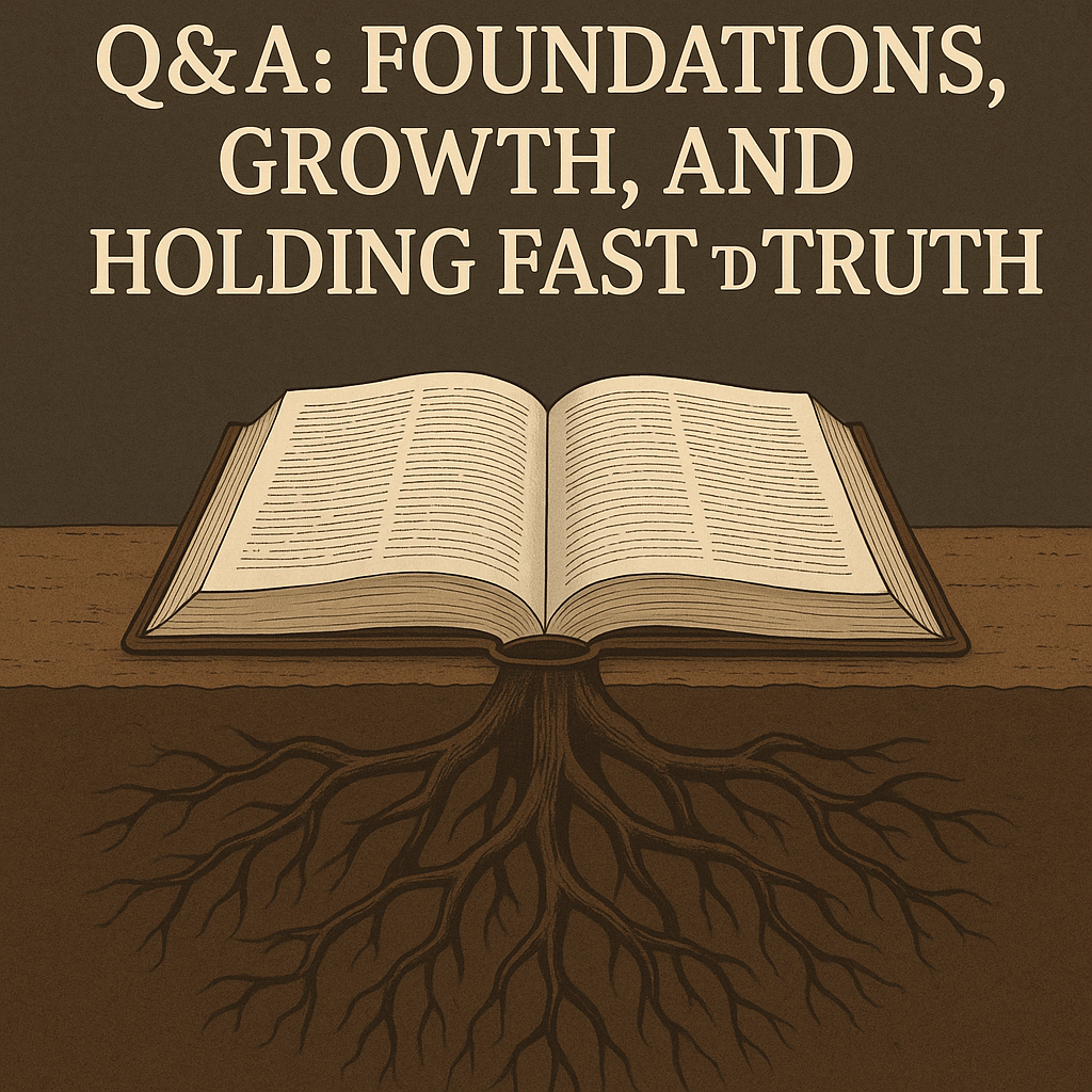 An open Bible resting on solid ground with deep roots extending beneath, symbolizing stability and growth in Christ. Above the Bible, bold serif text reads: ‘Q&A: Foundations, Growth, and Holding Fast to Truth.