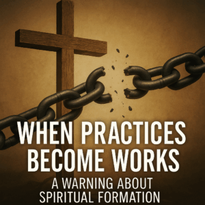 Wooden cross breaking heavy chains with light shining behind, symbolizing freedom in Christ versus the burden of spiritual practices