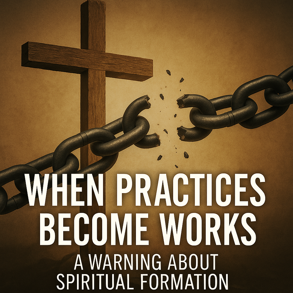 Wooden cross breaking heavy chains with light shining behind, symbolizing freedom in Christ versus the burden of spiritual practices