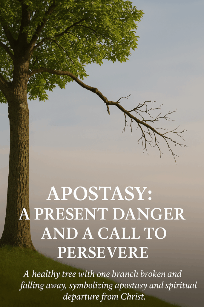 A healthy green tree with one branch broken and falling away, symbolizing apostasy and spiritual departure from Christ.