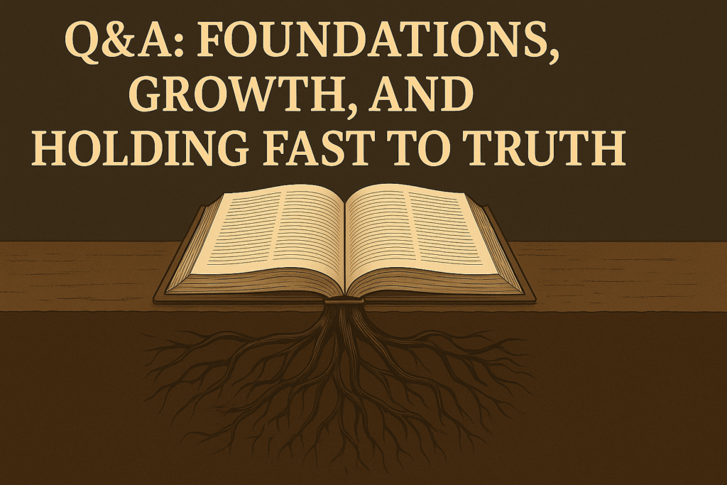 An open Bible resting on solid ground with deep roots extending beneath, symbolizing stability and growth in Christ. Above the Bible, bold serif text reads: ‘Q&A: Foundations, Growth, and Holding Fast to Truth.