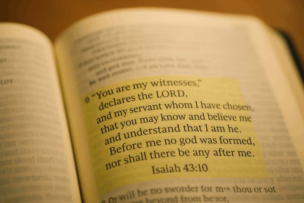 Open Bible with Isaiah 43:10 highlighted in yellow, declaring that before God no other god was formed nor shall there be after Him.