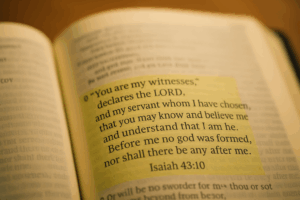 Open Bible with Isaiah 43:10 highlighted in yellow, declaring that before God no other god was formed nor shall there be after Him.