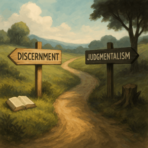 Two paths diverging in a countryside scene, one sign marked ‘Discernment’ leading toward light with an open Bible, the other marked ‘Judgmentalism’ leading into shadow and pride