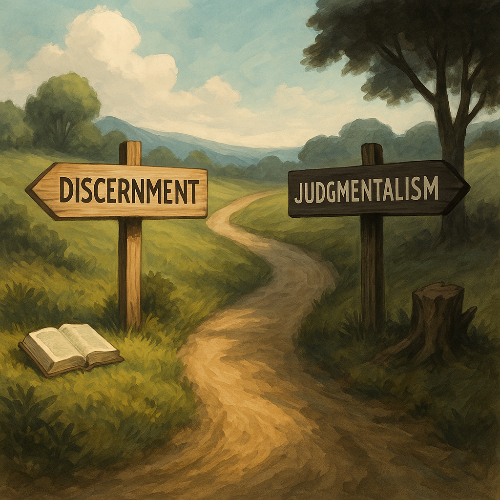 Two paths diverging in a countryside scene, one sign marked ‘Discernment’ leading toward light with an open Bible, the other marked ‘Judgmentalism’ leading into shadow and pride