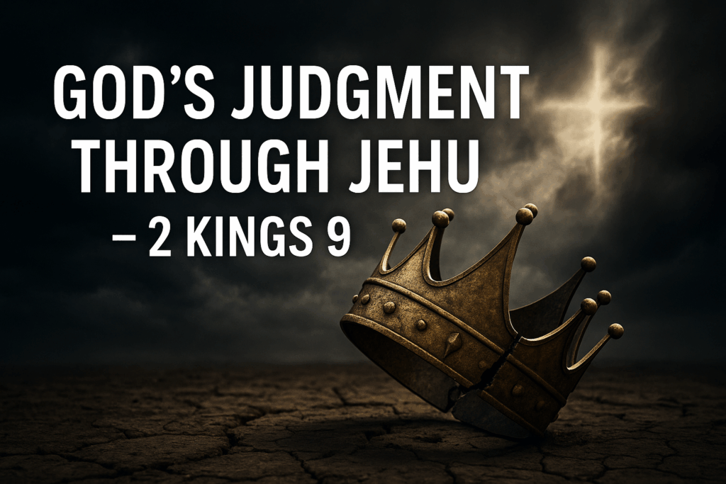 Storm clouds loom over a cracked golden crown lying on dry ground, with rays of light forming a cross in the sky, symbolizing God’s judgment through Jehu in 2 Kings 9.