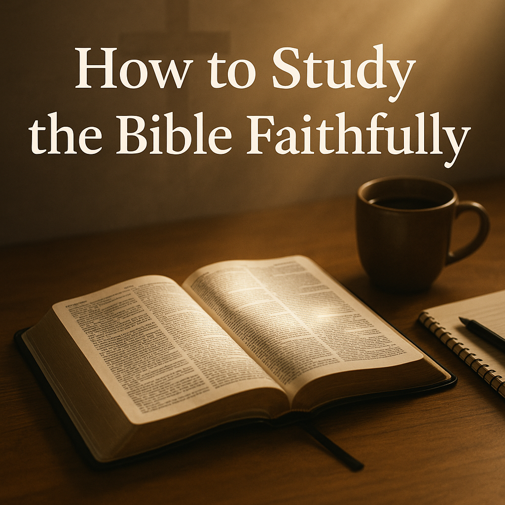 An open Bible with a notepad, pen, and coffee beside it, light shining across the pages with a faint cross watermark in the background, symbolizing faithful Bible study and interpretation.