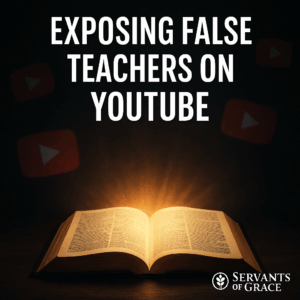 An open Bible glowing with light, exposing false teachers represented by shadowy YouTube icons in the background