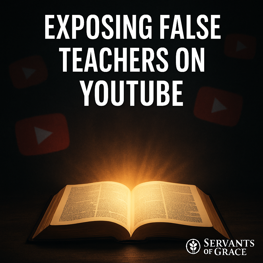 An open Bible glowing with light, exposing false teachers represented by shadowy YouTube icons in the background