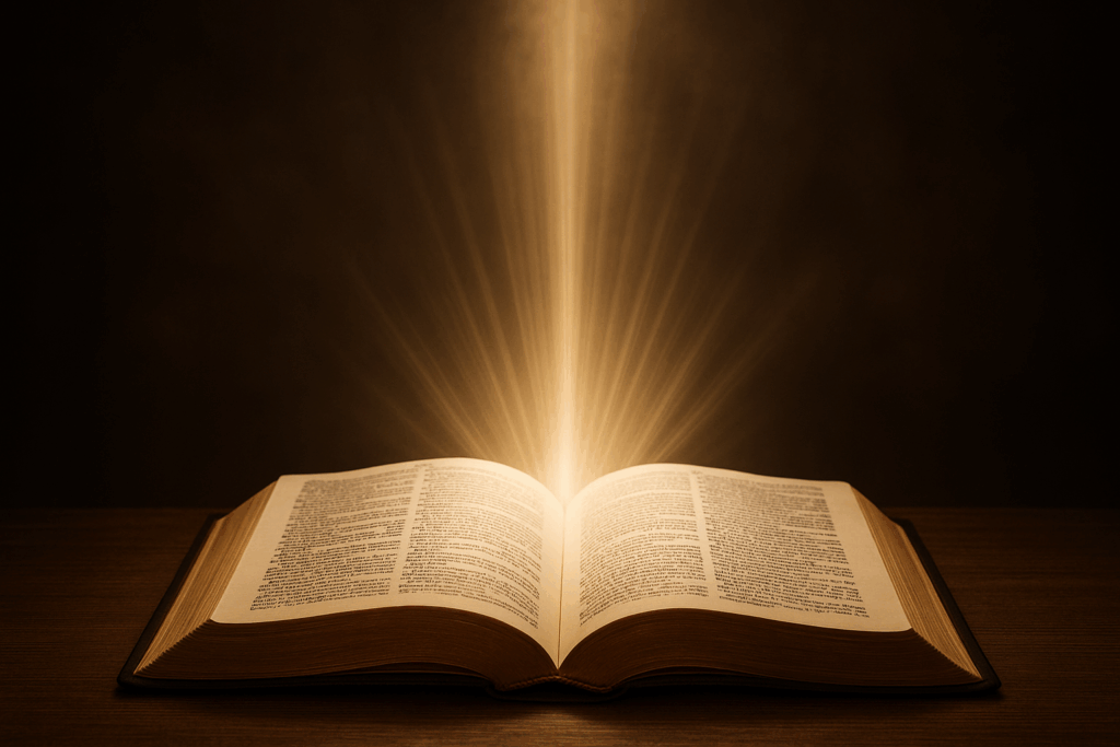 An open Bible resting on a wooden surface with radiant beams of light shining upward from its pages, symbolizing theology leading to doxology in worship.