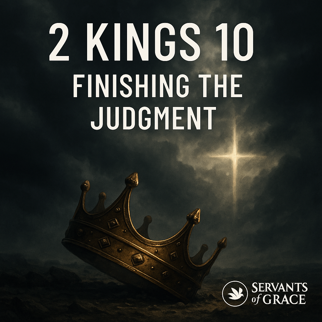 A toppled golden crown rests on dark rocky ground beneath storm clouds, with a glowing cross of light breaking through the sky, symbolizing God’s judgment on Ahab’s house in 2 Kings 10.