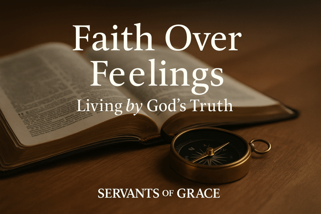 Soft morning light on an open Bible—symbolizing emotions ordered by Scripture. Text: ‘Faith Over Feelings — Living by God’s Truth.’