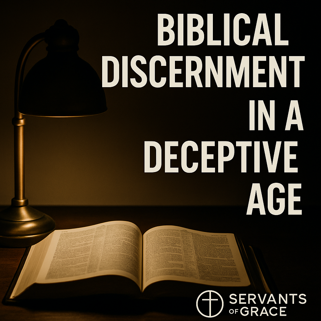 An open Bible illuminated by the warm light of a lamp in a dark room, with the words ‘Biblical Discernment in a Deceptive Age’ and the Servants of Grace logo.