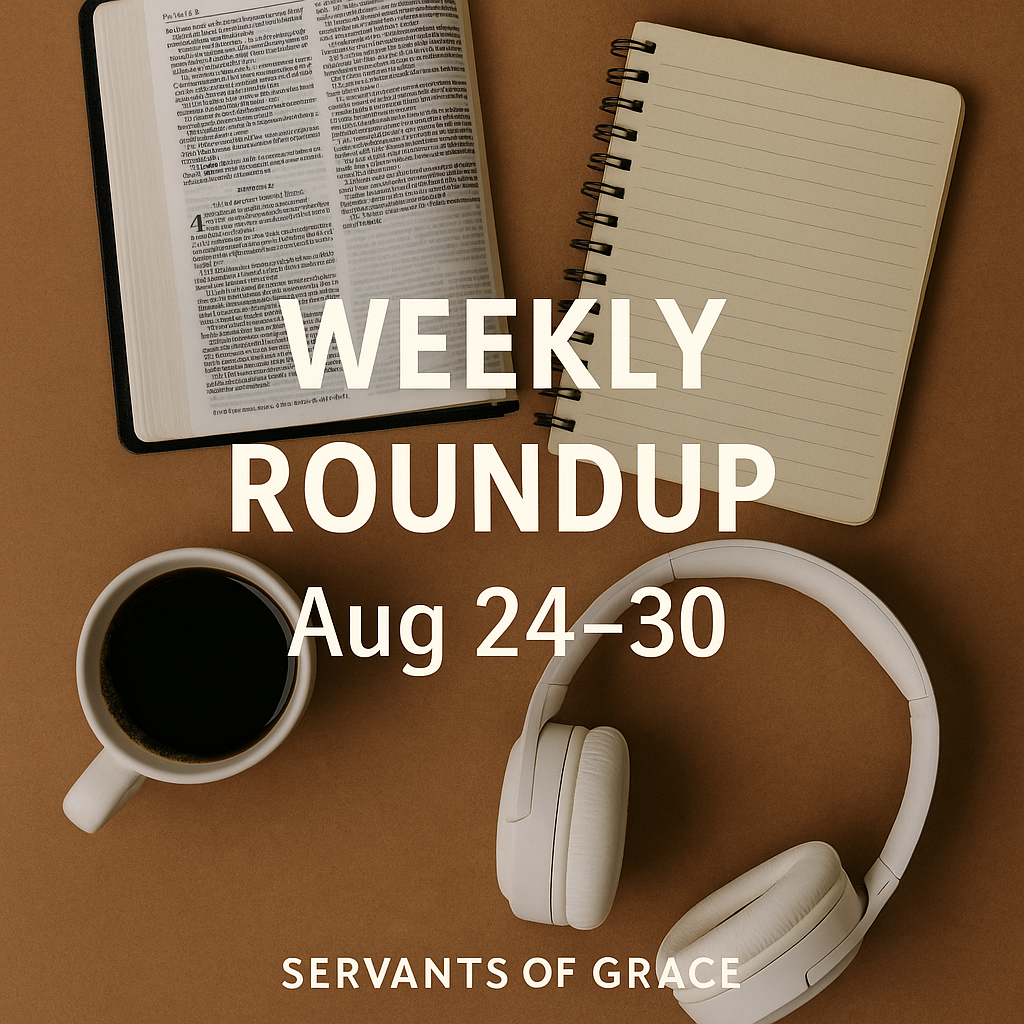 A flat lay with an open Bible, spiral notebook, white headphones, and a cup of coffee on a brown surface, with the words ‘Weekly Roundup Aug 24–30, Servants of Grace’ overlayed, symbolizing study, reflection, and listening.